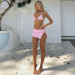 FDYOUI Women's Polka Dot Print Pink Swimsuit Lace-up Bras Panties Split Skirts 3 Pieces Bikinis Sets Bathing Suit Beach Swimwear
