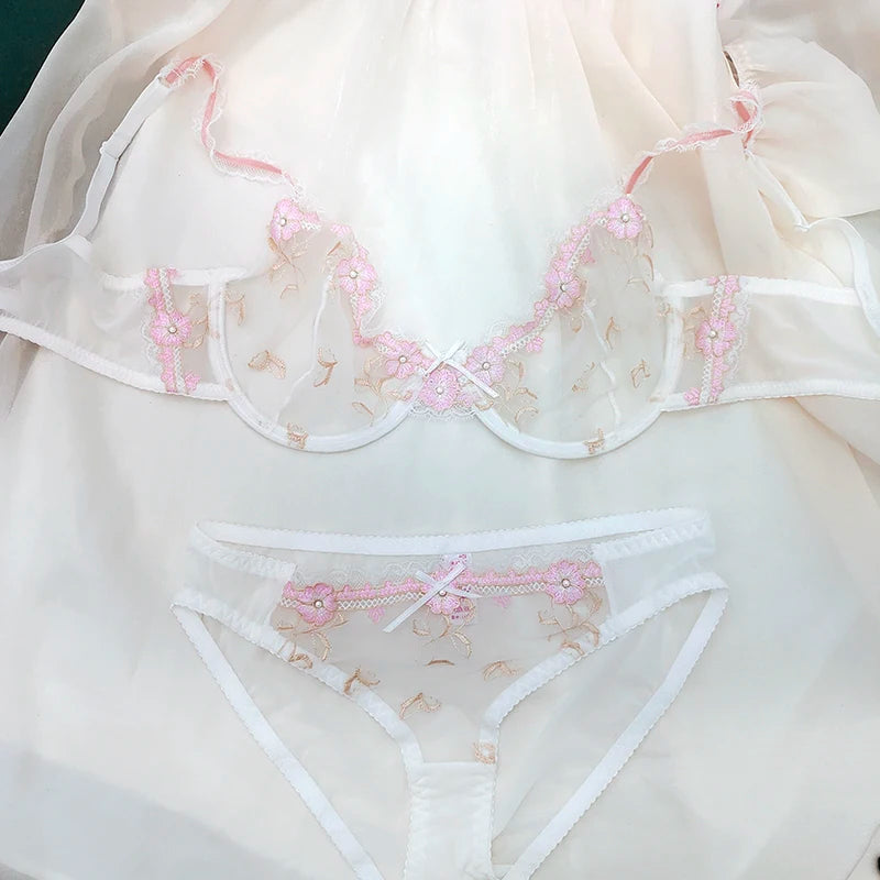 Pure Wind Ultra-thin Lace Underwear Women's Big Chest Small with Underwire Sexy Retraction Breast Support Breathable Bra Set ABC