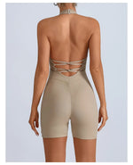 Summer Yoga Jumpsuit Back Hollow Out Bandage Pleate Pocket Shorts Sports One Piece Suits Butt Lifting Fitness Workout Bodysuit