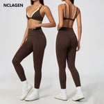 NCLAGEN Women Sportwear Fake 2 Piece Thin Strap Sports Suit Casual Running Bra Pants Workout Outfit Activewear Pilates Yoga Set
