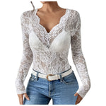 Women V Neck Floral Lace Long Sleeve T Shirt See Through Slim Fit Tees Y2k Gothic Club Party Streetwear Ladies Sheer Basic Tops