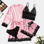 4pcs Women Striped Lingerie Set Lace Trim Robe Camisole Shorts Panties Nightwear Sleepwear Homewear Sexy Pajamas Outfit