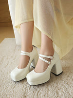 Women Silver Metallic Platform Mary Jane Shoes Double Rhinestone Buckle Chunky Block High Heels Y2K Vintage Square Toe Pumps