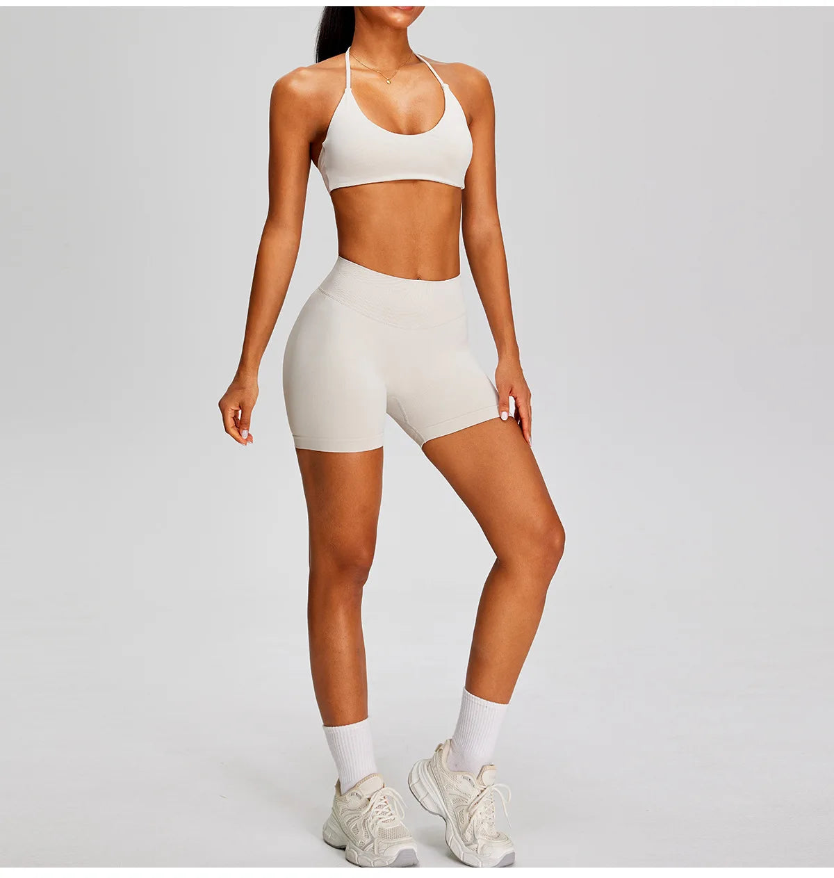 Spring Summer Seamless Yoga Sets Women Hanging Neck Back Criss Cross Sports Bra Gym Exersize Suit Outwear Gym Running Tracksuit