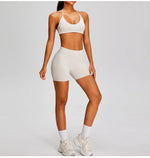 Spring Summer Seamless Yoga Sets Women Hanging Neck Back Criss Cross Sports Bra Gym Exersize Suit Outwear Gym Running Tracksuit