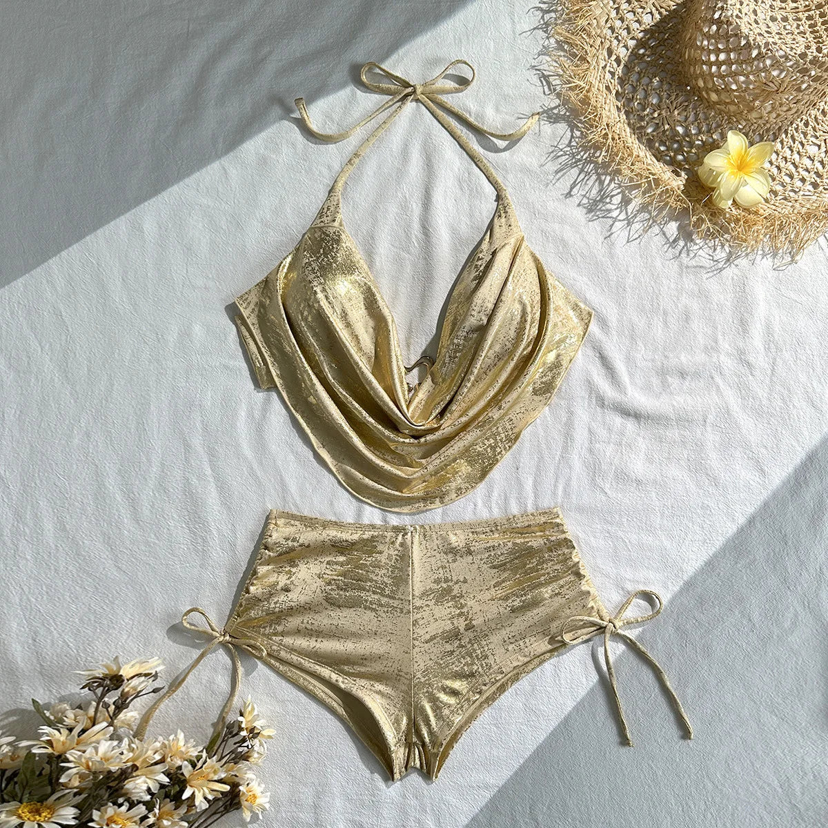 Sexy Hot Stamping Gold Swimwear Women 2026 Collar Split Top Drawstring Side High Waist Bikini Set Summer Bathing Suit Swimsuit