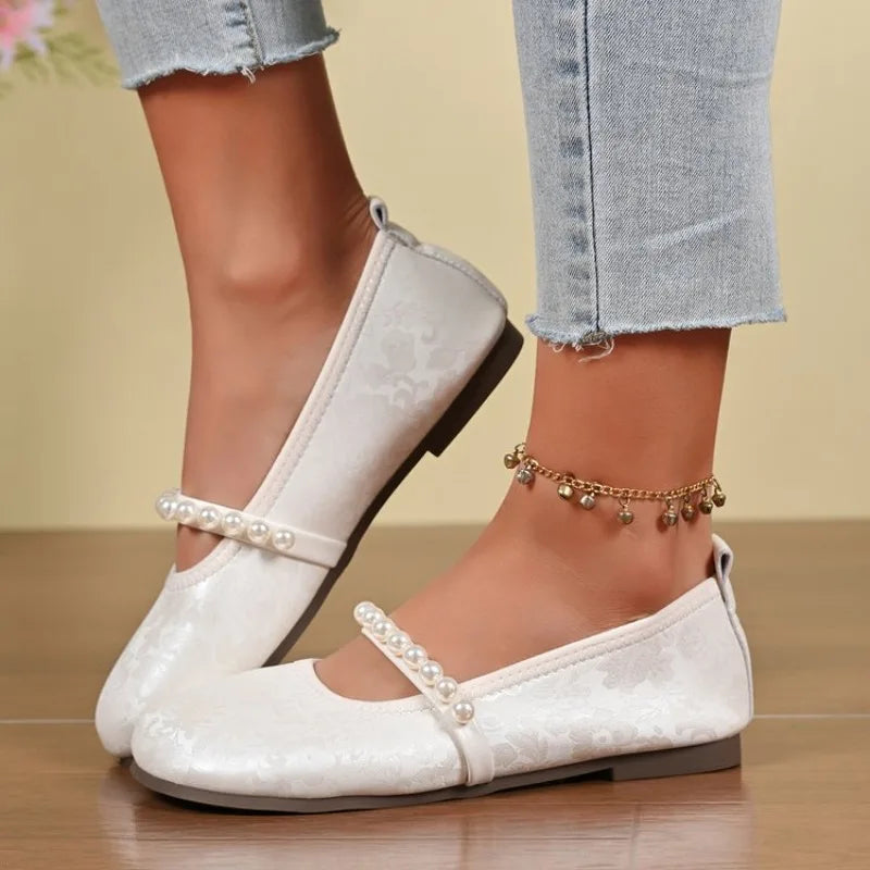 Slip-on Round Toe Pearl Women's Flat Mary Jane Shoes Trend High Quality Fashion Korean Style Social Casual Ladies Footwear