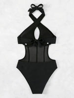 One Piece Bikini Women 2026 Grenadine Solid black Cross Bandage Hollow Out Swimwear Beach Backless Bathing Suit Monokini
