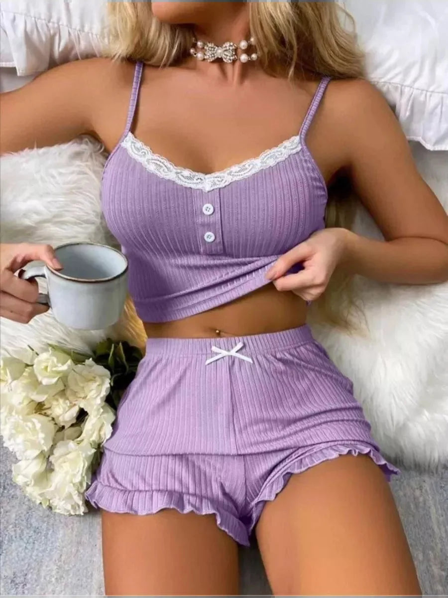 New Women's Summer Sleepwear Two-Piece Set with Lace Camisole Shorts Sexy and Comfortable Sleepwear Home Suit Set Y2K