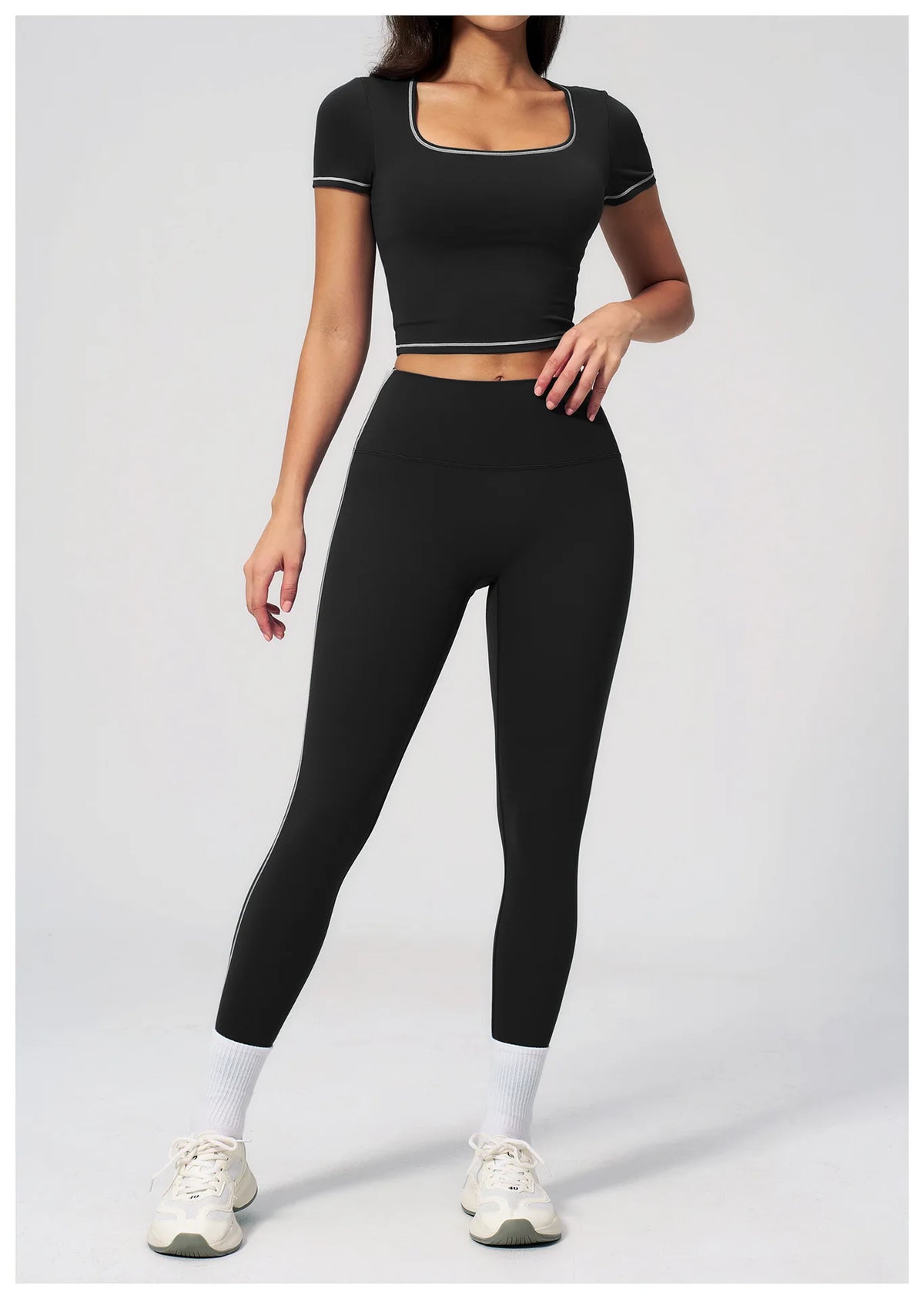 2PC Color Contrast Yoga Suit Women Short Sleeve Square Collar Slim Sports Top Fitness Suits Outdoor Exercise Leggings Tracksuit
