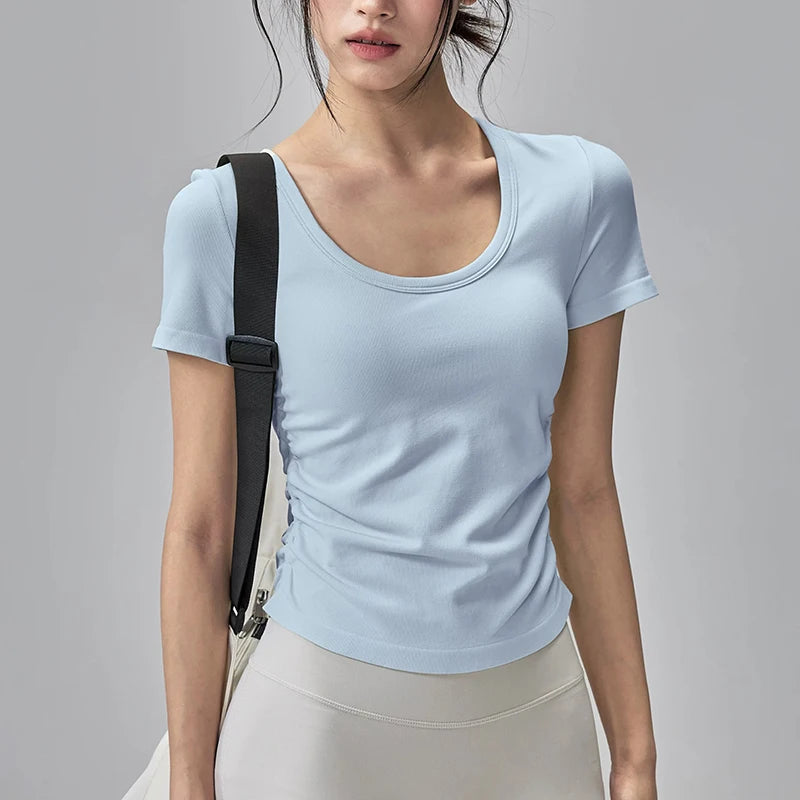 Big round Neck Yoga T-Shirt Short-Sleeved Slimming Sports Top with Fixed Chest Cushion for Running Pilates Summer Stretch