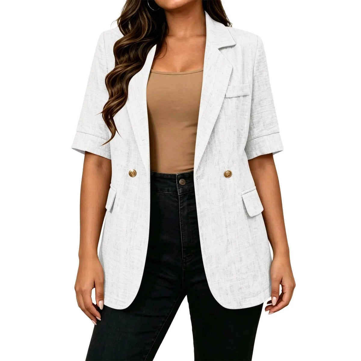 Women Textured Blazer Jacket Lapel Collar Double Breasted Half Sleeve Pocket Loose Suit Coat Elegant Office Summer Outerwear