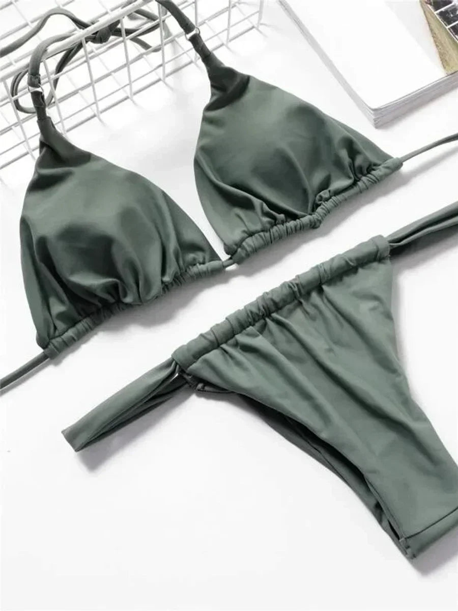 PU Pleated Ruched Bikinis Mini Micro Thong Bikini Women Swimwear Female Swimsuit Two-pieces Bikini Set Halter Bathing Suit Swim
