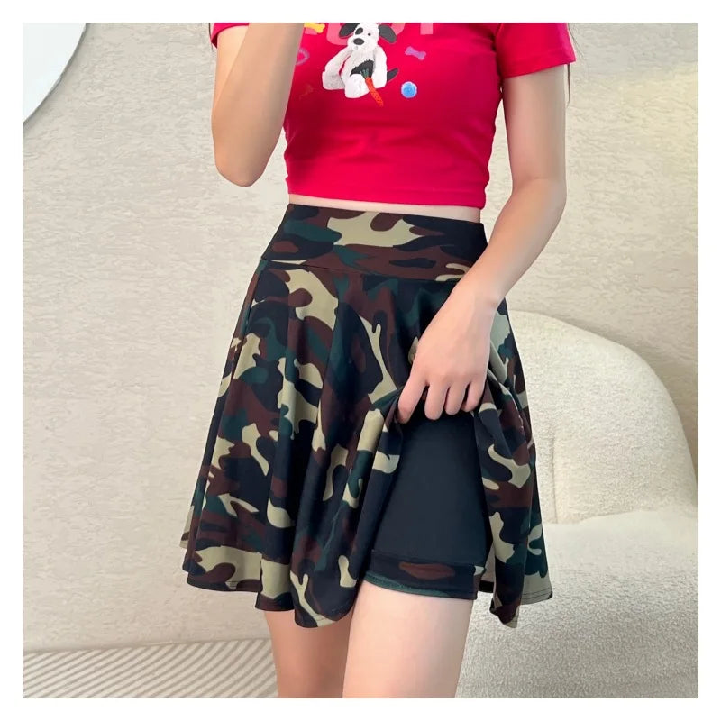 Women Flared Skirts Summer Basic Skirt Fashion Dancer Uniform Versatile Black Safety Pants Skirt Elastic Pleated Skirt Long 45CM