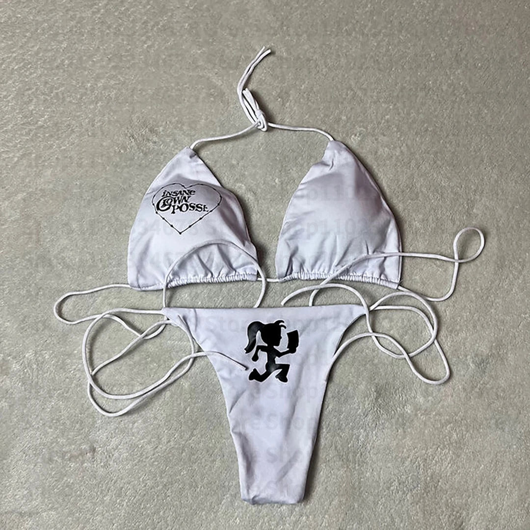 Punk Gothic Fashion Women Swimwear 2000s Emo Girls Y2k Style Letter Print Bikini Set Sexy Thong Swimsuit Two Pieces Bathing Suit