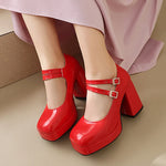 Women Silver Metallic Platform Mary Jane Shoes Double Rhinestone Buckle Chunky Block High Heels Y2K Vintage Square Toe Pumps