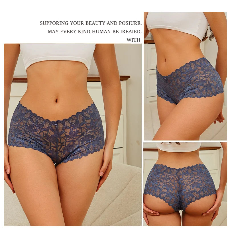 3Pcs Women Lace Boyshort Panties Low-Rise Sexy Underwear Trendy Floral Underpants Female Sexy Boyshort Panties Ladies Lingerie