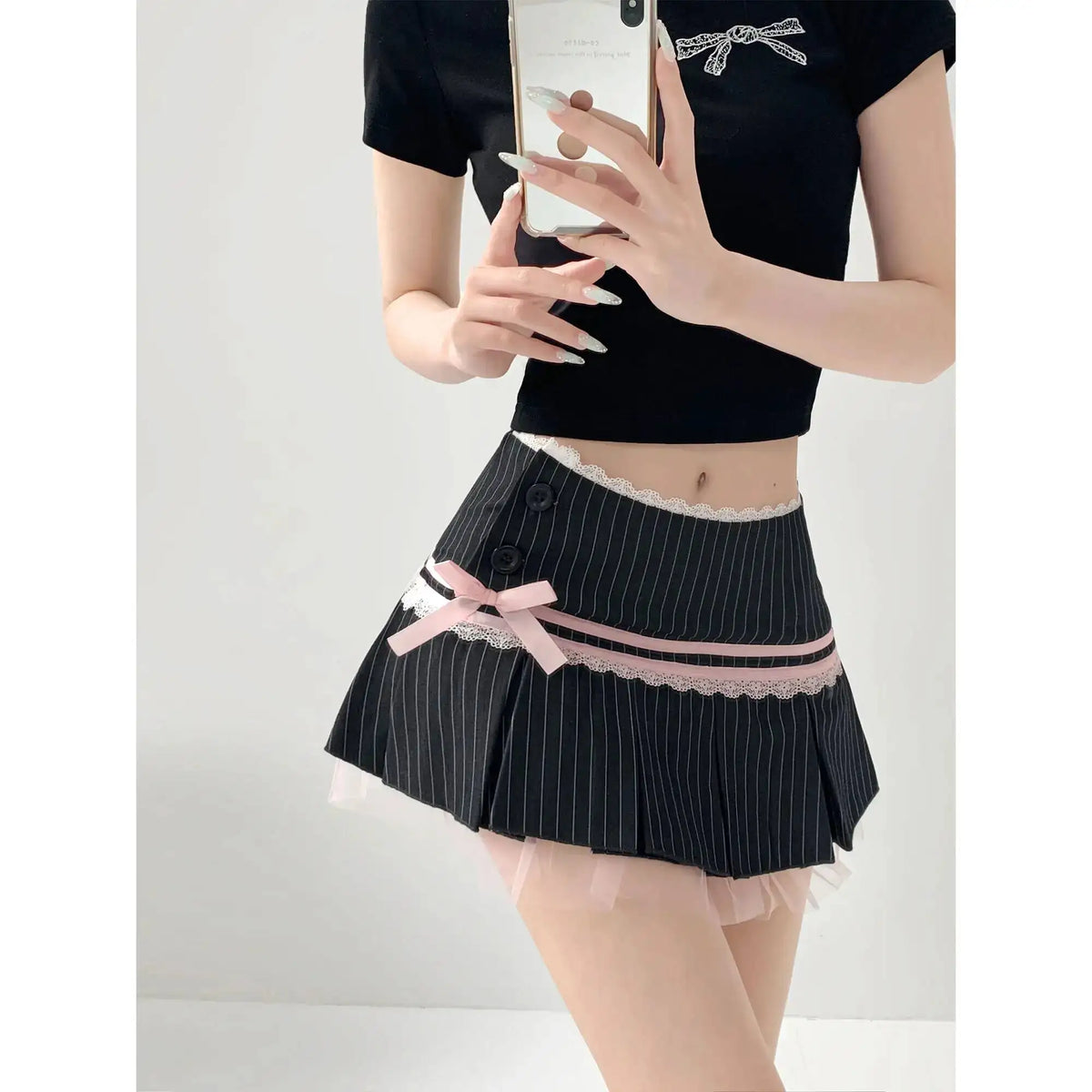 Striped Contrasting Color Bow Lace Splicing Pleated Skirt Women 2026 Summer American Style Low WaistA-line Short Skirt UBFK