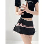 Striped Contrasting Color Bow Lace Splicing Pleated Skirt Women 2026 Summer American Style Low WaistA-line Short Skirt UBFK