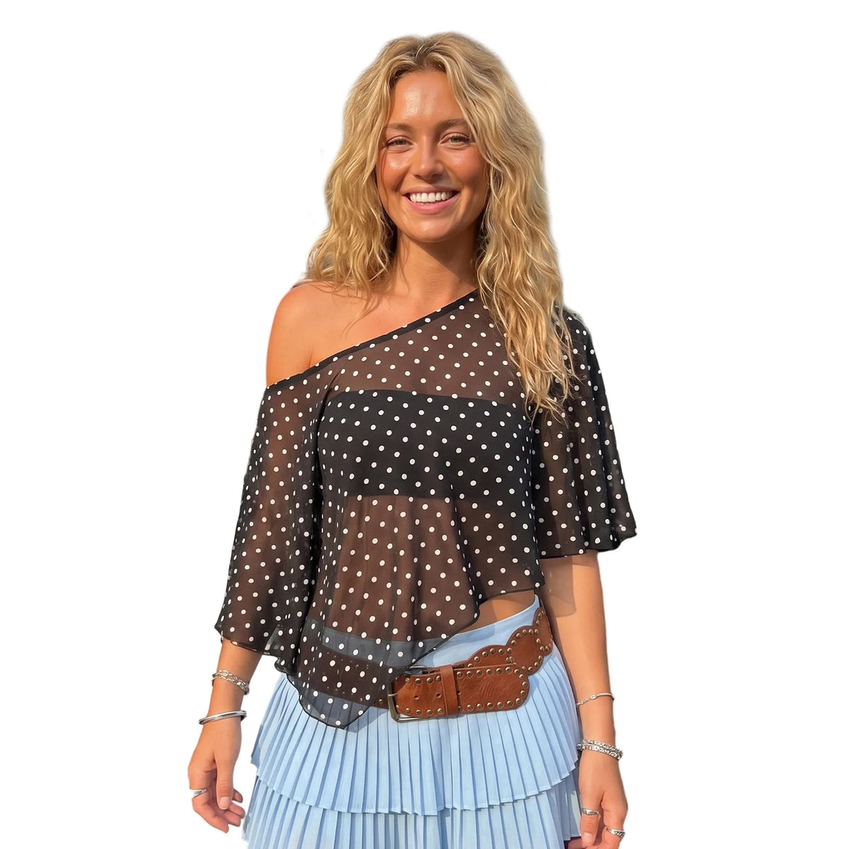 Women's Summer Off Shoulder Chiffon Poncho Tops Dot Print Sheer Asymmetrical Cover-up for Party