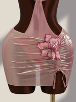 DEKA 2026 New Shiny Pink Flower One Piece Swimsuit High Cut Sleeveless Glossy Bodysuit Sexy Back Monokini Swimwear Beachwear