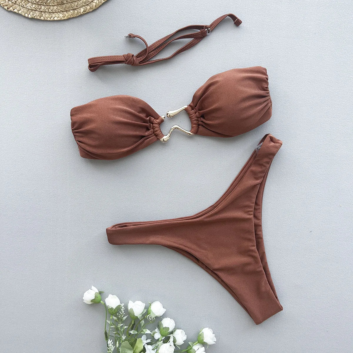 DEKA Bandeau Bikini Summer Beach Classic Strapless Swimsuit Women Sexy Tie Side Shiny Metal Hardware Ring Bandeau Bikni Beach