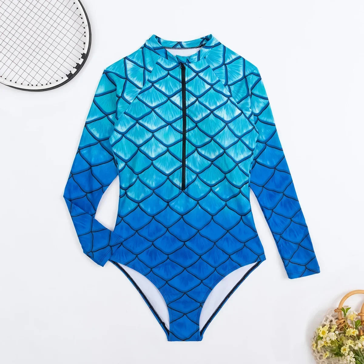Long Sleeve One Piece Swimsuit Zipper Swimwear Women Bathing Suit Sports Surfing Suits Swim Wear Print Beachwear Summer Holiday