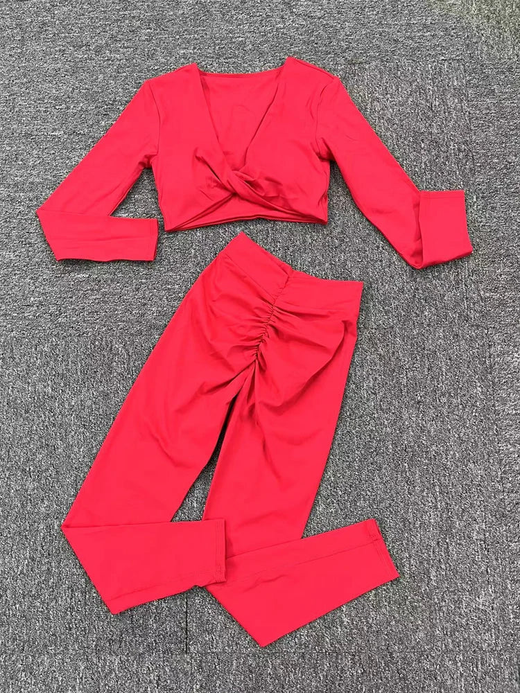 1/2Pcs Pad Long Sleeve Crop Tops Women Gym Yoga Set Sport Gym Scrunch V Back Fitness Leggings Workout Pant Active Suits