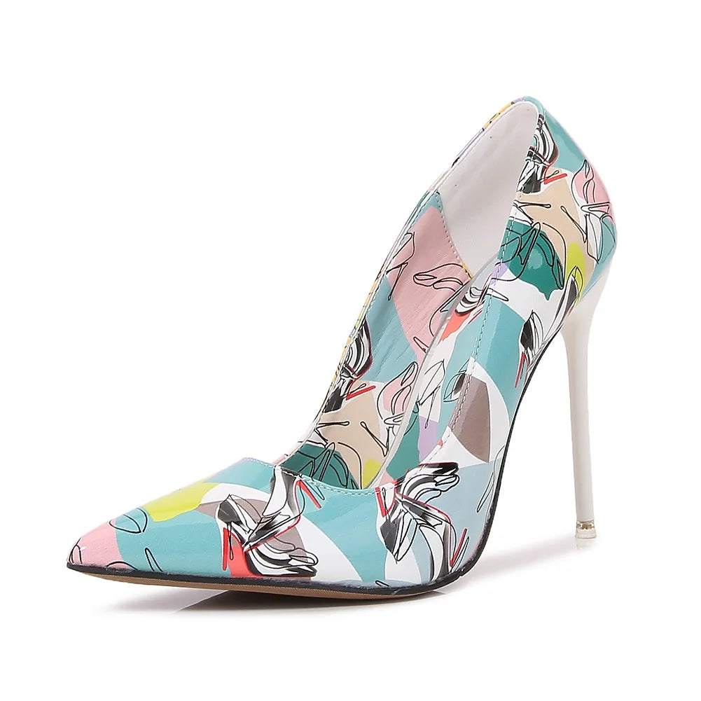 Women Heels Graffiti Colorful Bridal Shoes Women Pumps Sexy High Heels Pointed Toe Party Wedding Shoes Stiletto Plus Size 35-46