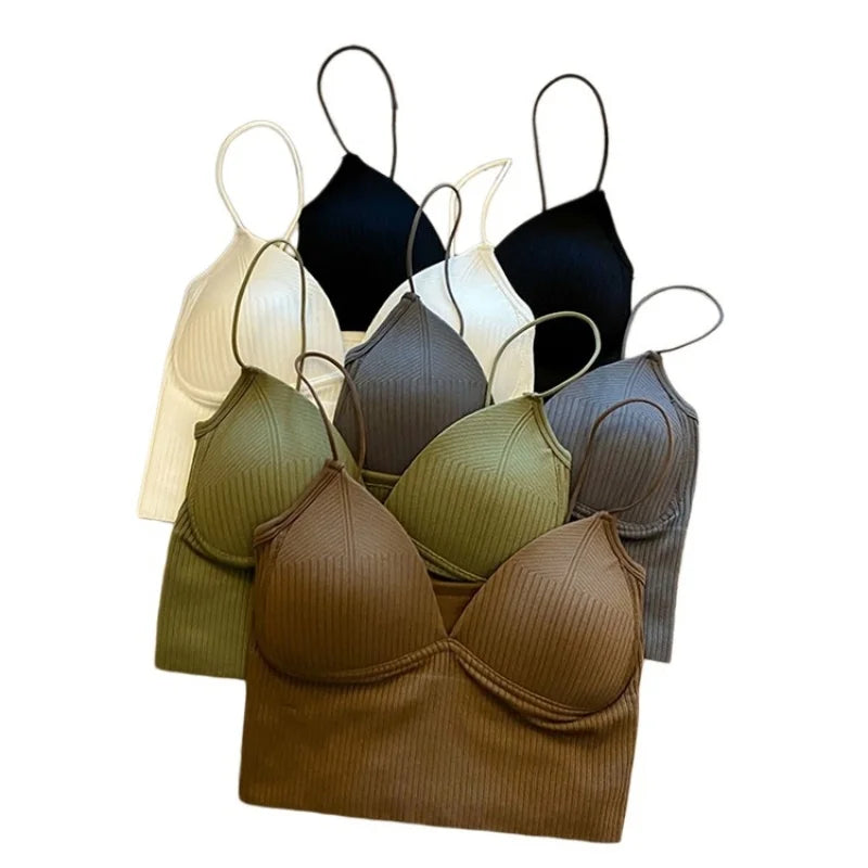 Women Tank Top With Built In Bras Fixed Cup Anti Glare Streetwear Crop Tops Female Seamless Underwear Padded Camisole Summer