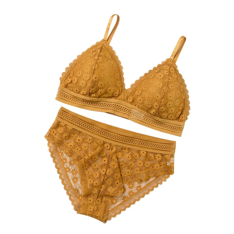 Women Floral Lace Bras Suit Solid Underwear Padded Breathable Vest With Briefs Sexy Hollow Out Bralette Thin Lingerie One Size