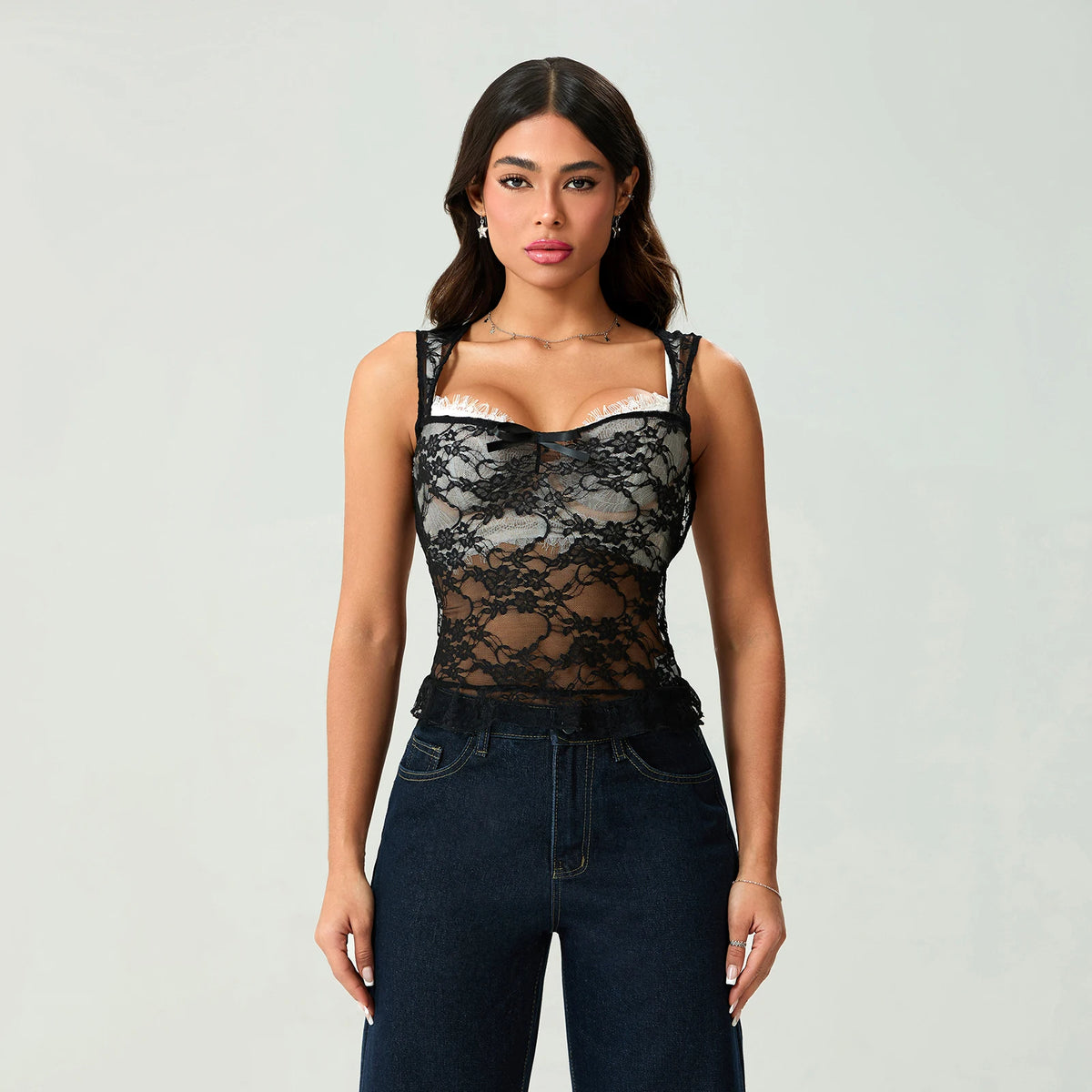 Women Solid Color Halter Neck Tank Tops Slim Bow See Through Sleeveless Open Back Crop Lace Vest Summer Streetwear
