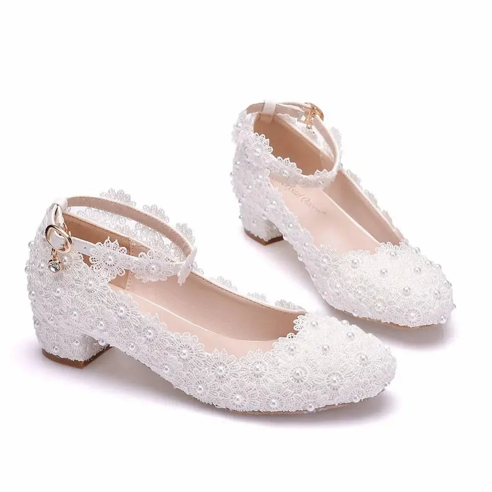 Women 3CM High Heels White Lace Pearl Wedding Shoes Sexy Bride PartyPointed Toe Shallow Mouth Pumps Shoe BridesmaidPink