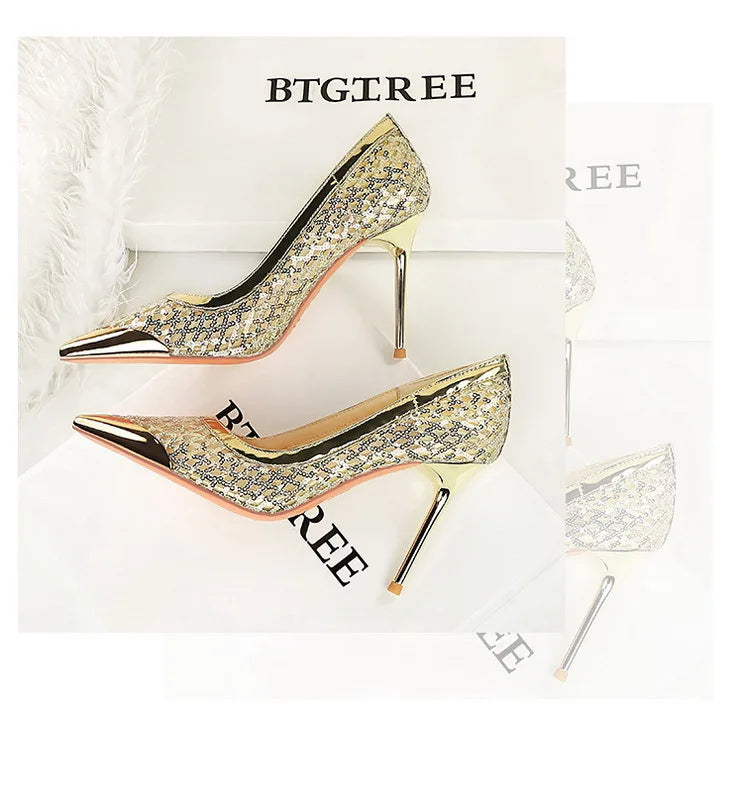 BIGTREE 2026 Fashion Metal Decoration Mesh Hollow Pointed Toe Woman Pumps Thin Heels Party Ladies Shoes Zapatillas De Mujer