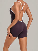 New Tight One-piece Yoga Suit Women Color Contrast Splicing Hollow Back Cross Sports Jumpsuit Outwear Slimming Fitness Bodysuits