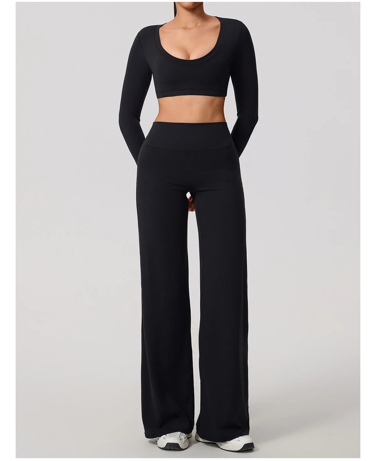 Hearuisavy Sports Set 2Pcs Women'sLong Sleeve Backless Fitted Fitness Top Push Up Pilates Yoga Top Wide Leg Straight Leg Pants