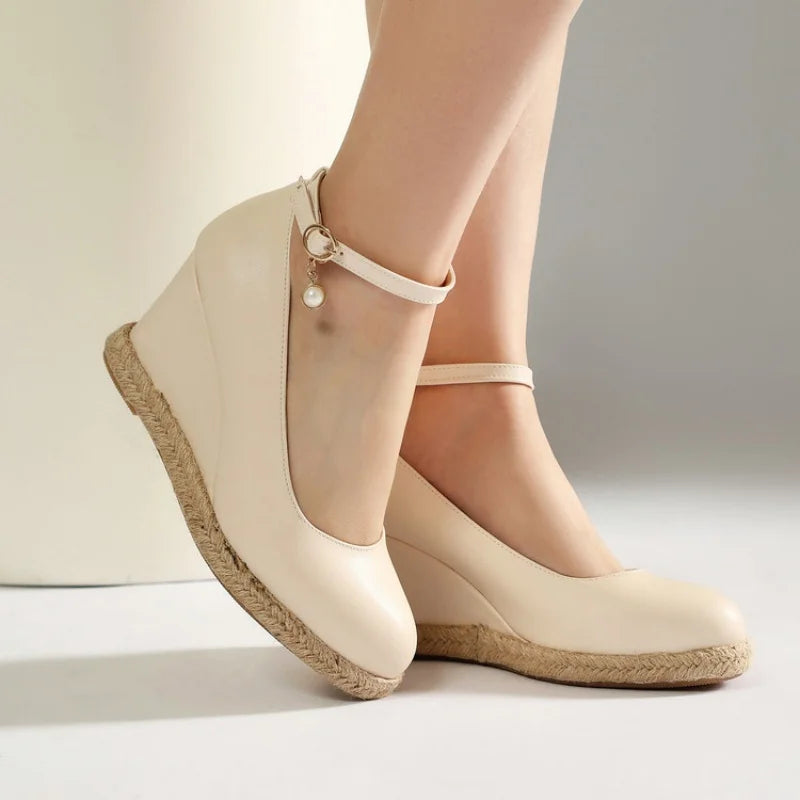 Concise Classic Women Ankle Strap Pumps 2026 Autumn Spring Shoes Wedge High Heels Beads Silver White Plus Size Daily 43