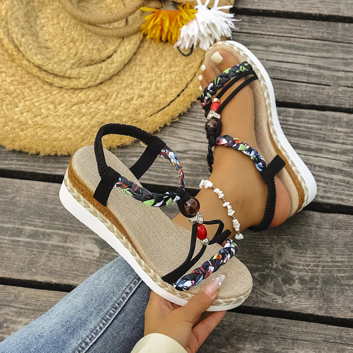 Fashion T-Strap Platform SandalsWomen New Mix Color Elastic Band Wedge Sandals Woman Summer Daily Open Toe Sandalias Female