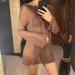 Sexy Long Sleeve See Through TopMesh Sheer Tunic Beach Cover Up Cover-ups Beach Dress Beach Wear Beachwear Female Women V3557