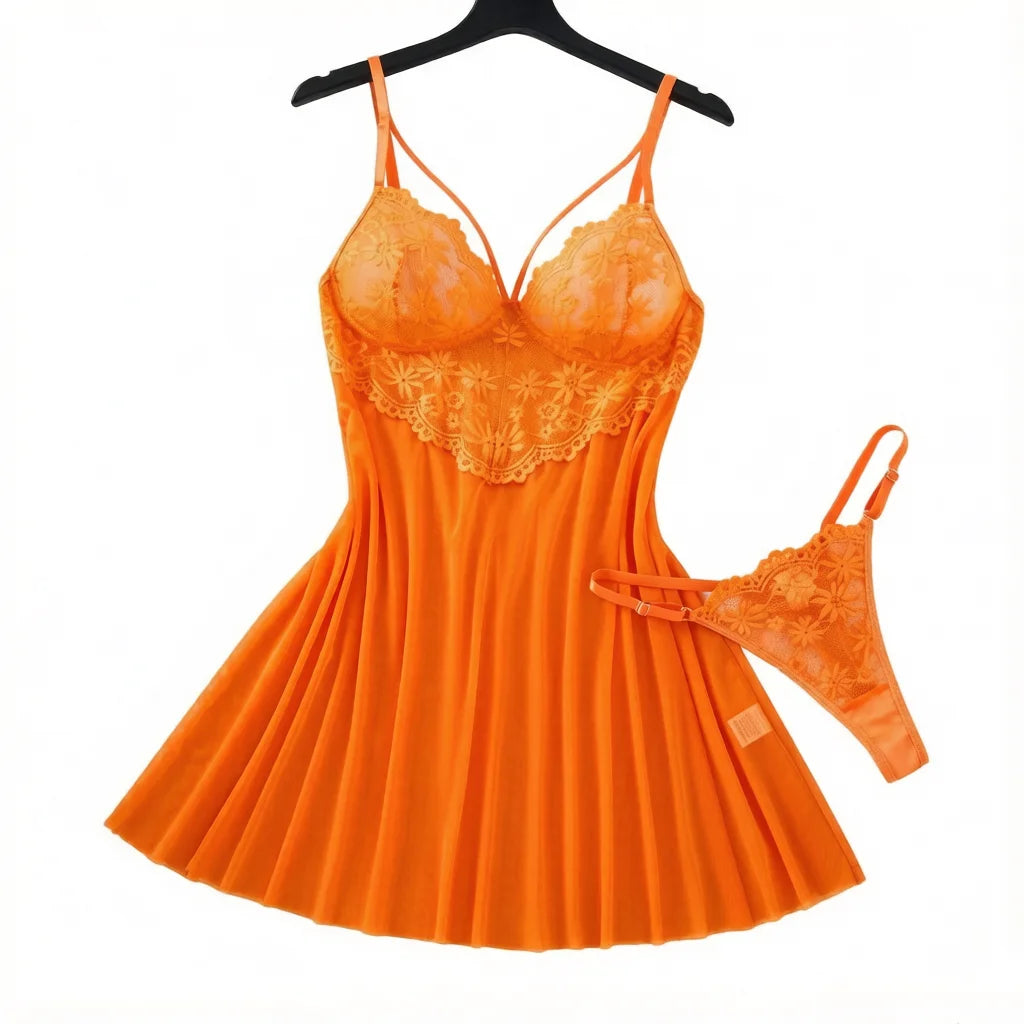 Orange Daisy Floral Lace Sheer Mesh Babydoll Lingerie Set Slip Nightdress With Matching Thong Women Sexy Sleepwear ZA825096