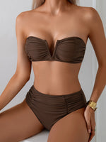 Sexy Coffee Black Swimwear Women 2026 Bandeau V Wire Pleate Push Up High Waist Swimsuit Beach Bathing Suit Vacation Bikini