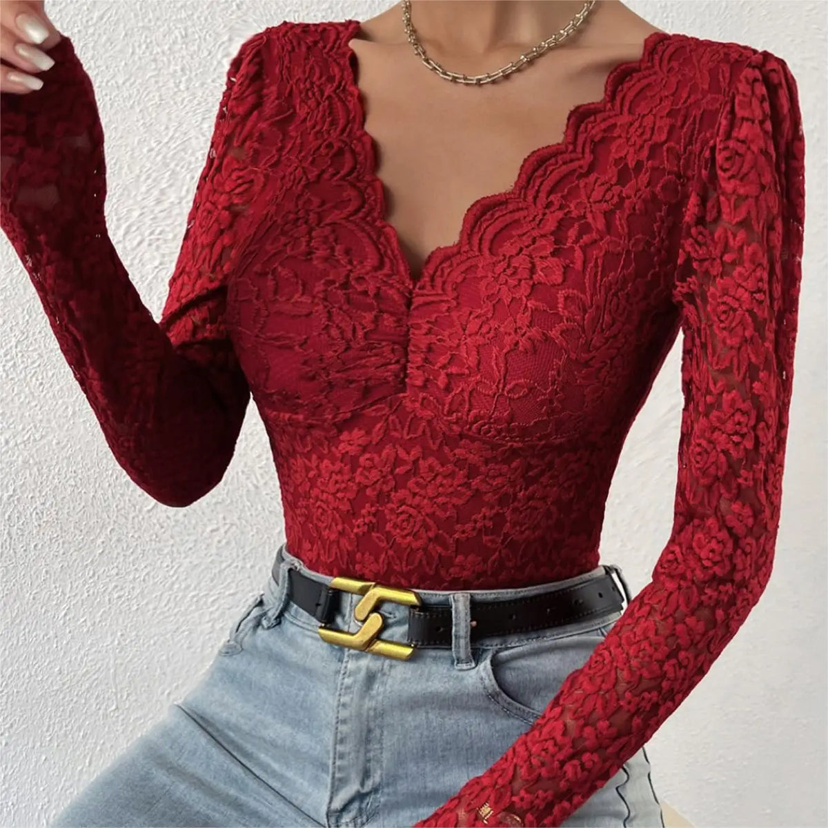 Sexy White Lace Bodysuit Women Solid Color Long Sleeve Sheer Corset Top Autumn Ruffles V Neck See Thourgh Slim Fit Jumpsuit