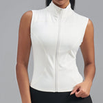 Women Zipper Yoga Shirts Solid Stand Up Collar Elastic Slim Fit Sports Jacket Breathable Sleeveless Sunscreen Workout Clothes