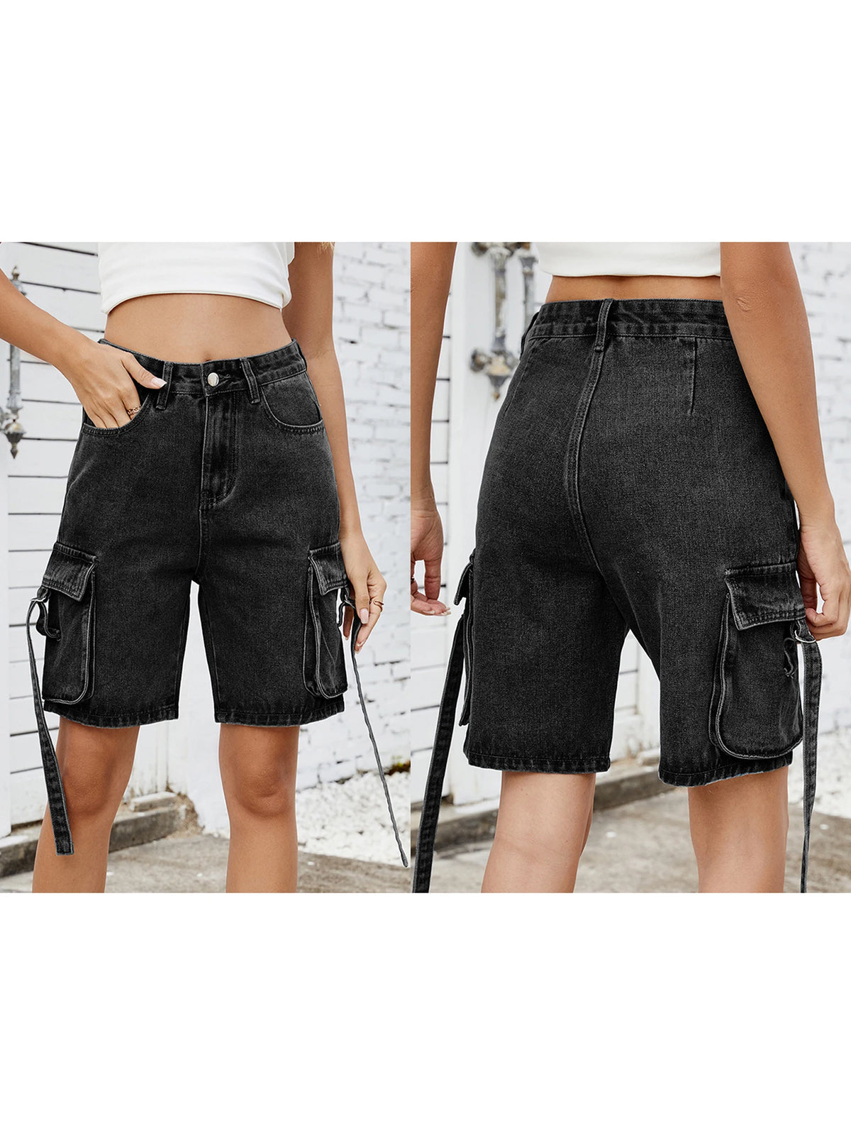Women Cargo Denim Shorts Casual Summer Loose Solid Colors Jean Short Pants for Vacation Beach Club Streetwear