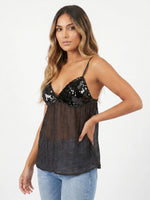Women's Summer Solid Color Sequin Cami Tops Sleeveless Spaghetti Strap Deep V Neck Camisole
