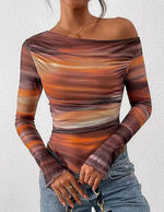 Women's Off-Shoulder Ruffled Sleeve Long-Sleeve Top with Asymmetrical Tie-Dye Mesh Asymmetrical Pleated Floral Print T-Shirt