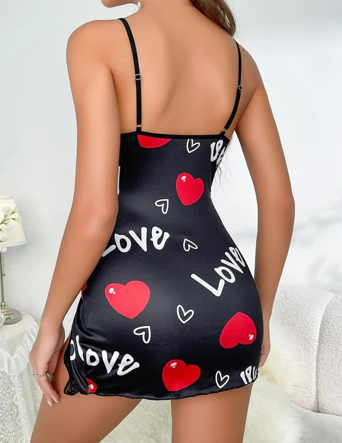 New Sexy Black Nightgown for Women Red HeartLove Print Satin Lace Trim Mini Chemise Adjustable Spaghetti Strap Lingerie