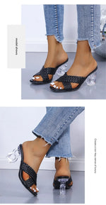 Transparent Strange High Heels Sandals Women SummerPlus Size Weave Female Slippers Fashion Yellow Open Toe Slides