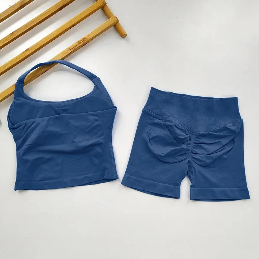 Yoga 2 Pieces Gym Set Women Backless Halter Tops High Waist Seamless Shorts Gym Suit Fitness Sports Bras Sportswear Workout Sets