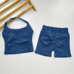 Yoga 2 Pieces Gym Set Women Backless Halter Tops High Waist Seamless Shorts Gym Suit Fitness Sports Bras Sportswear Workout Sets